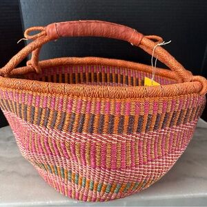 Alaffia Authentic African Handwoven Market Basket Ghana Multicolor Leather Blend